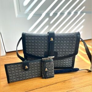 Vintage Mark Cross Monogram Canvas Navy Leather Three Piece Set